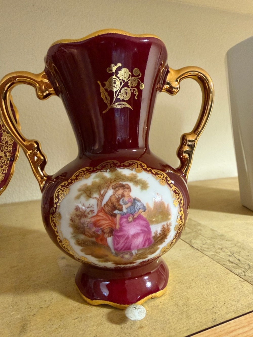 Vintage Limoges Porcelain Vase with Handles Rococo Style Wine Red & Gold Trim